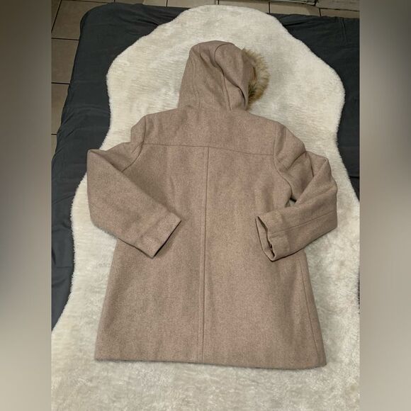 Calvin‎ Klein Beige Wool Blend Full Zip Womens Coat Size Large Jacket Fur Hood - Picture 2 of 8